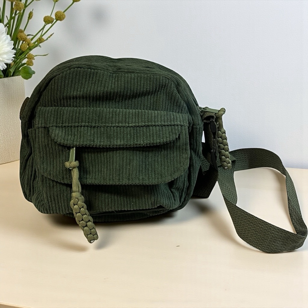 Green Corduroy Crossbody Bag with Front Pocket & Braided Strap – New